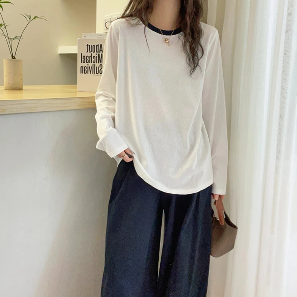 春秋女装减龄宽松圆领长袖拼色套头打底衫休闲百搭纯棉显瘦T恤衫