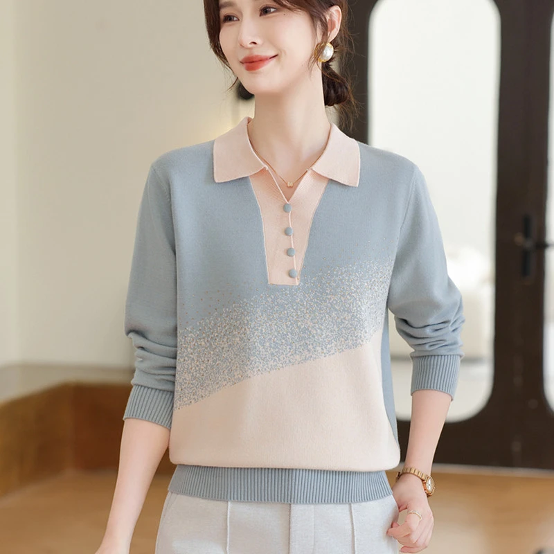 妈妈春秋长袖针织小衫洋气上衣中老年女秋冬季时尚打底衫外穿毛衣