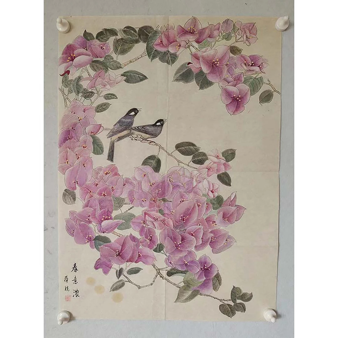 4174 纯手绘老字画《春意浓》斗方  尺寸 73×53（有补丁）