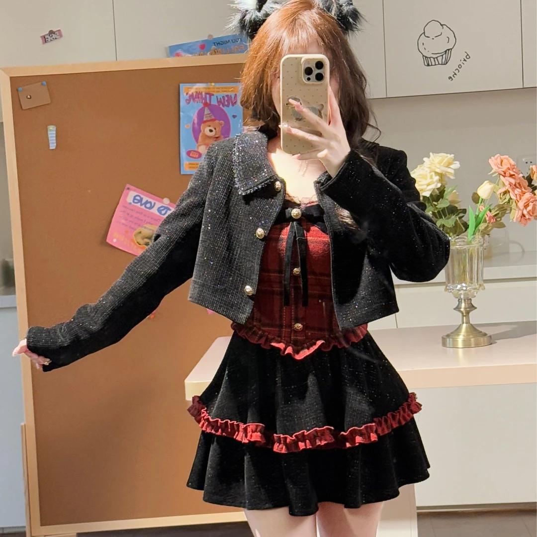 晚宴流光 织物猪原创 气质千金红黑撞色细闪小香短款外套蛋糕短裙