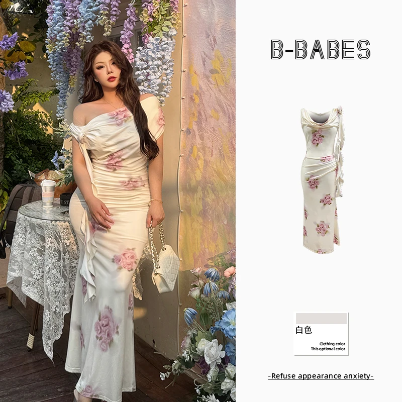 B-babes【瑰花浅梦】法式印花荡领无袖连衣裙立体花朵飘带包臀裙