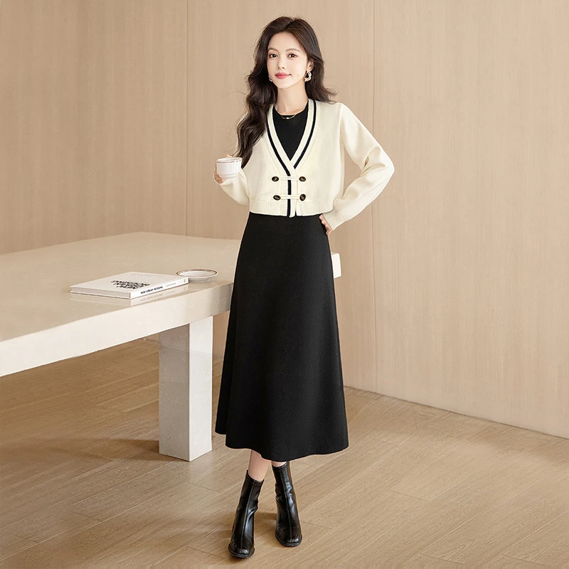 丝柏舍2025冬装新女士时尚长袖外衫搭连衣裙两件套套装S43K5333N