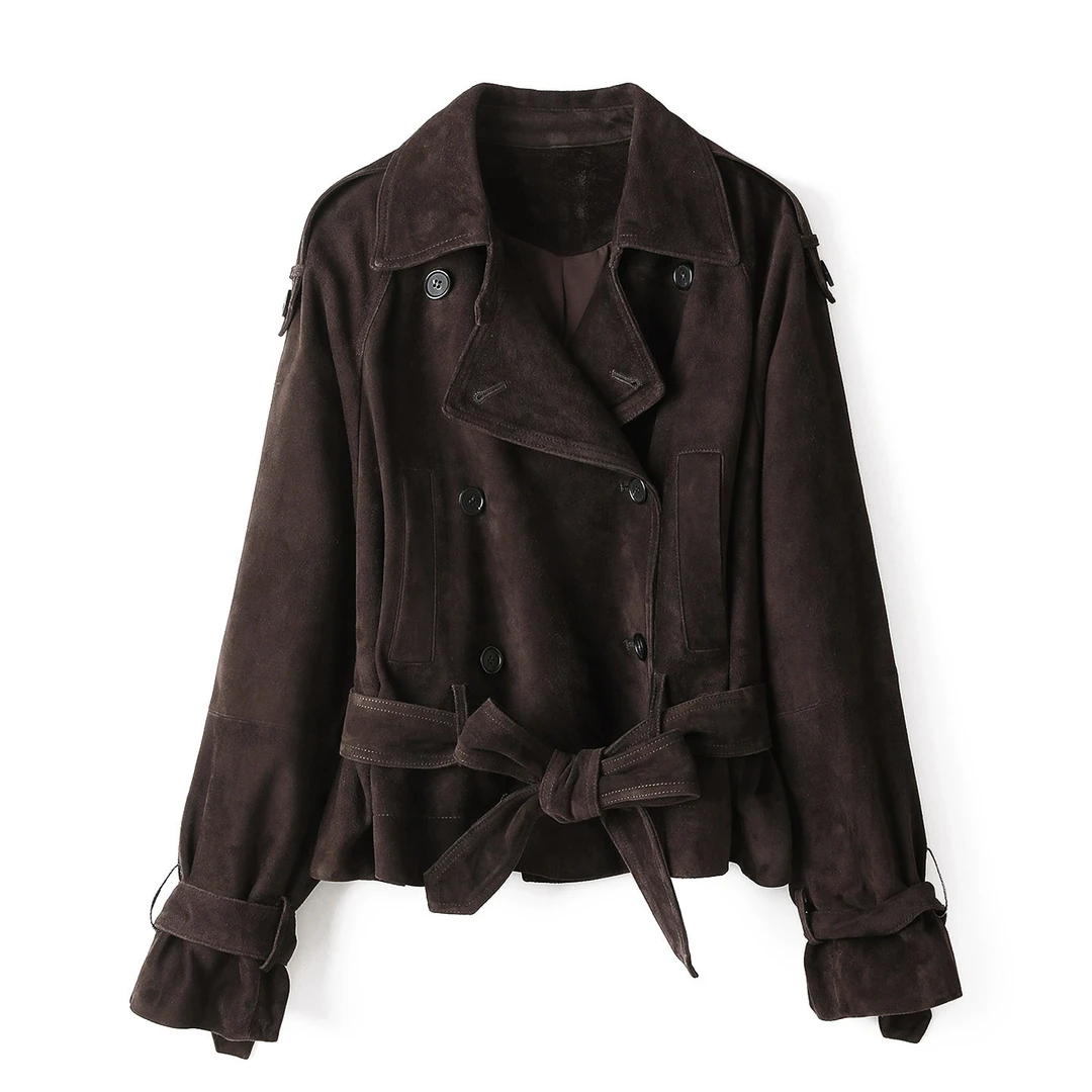 海宁高奢反绒翻毛外套女复古短款双排扣2025秋季新款宽松上衣