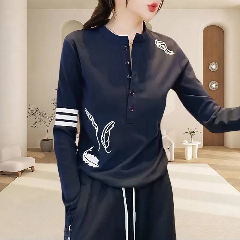 欧货ins长袖极简风圆领长袖T恤春秋流行拼色刺绣上衣女装网红爆款