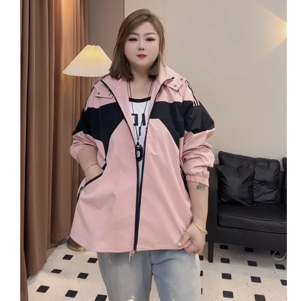 春秋新款大码女装风衣冲锋衣防风显瘦连帽外套撞色条纹户外速干
