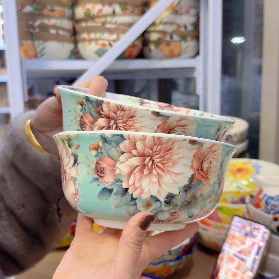 瓷7英寸牡丹花面碗2只