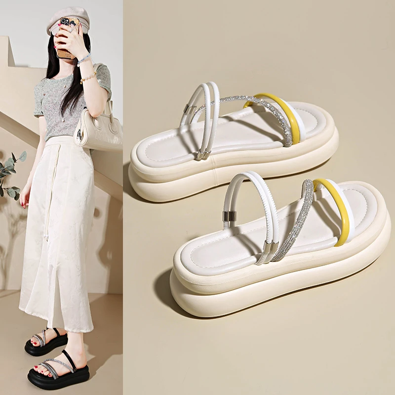 TEH3813仙女风夏季时尚休闲沙滩鞋百搭休闲甜辣软底厚底凉拖鞋