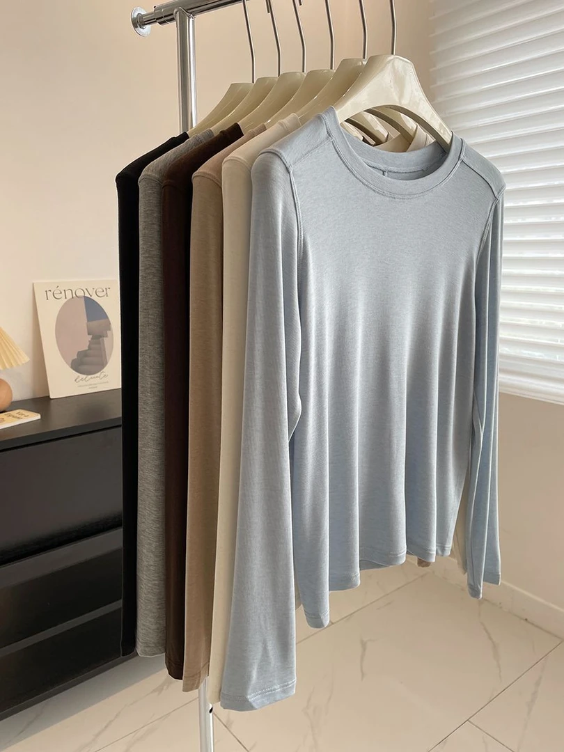 纯色正肩长袖T恤女春秋季薄款修身显瘦休闲百搭长袖打底衫上衣女