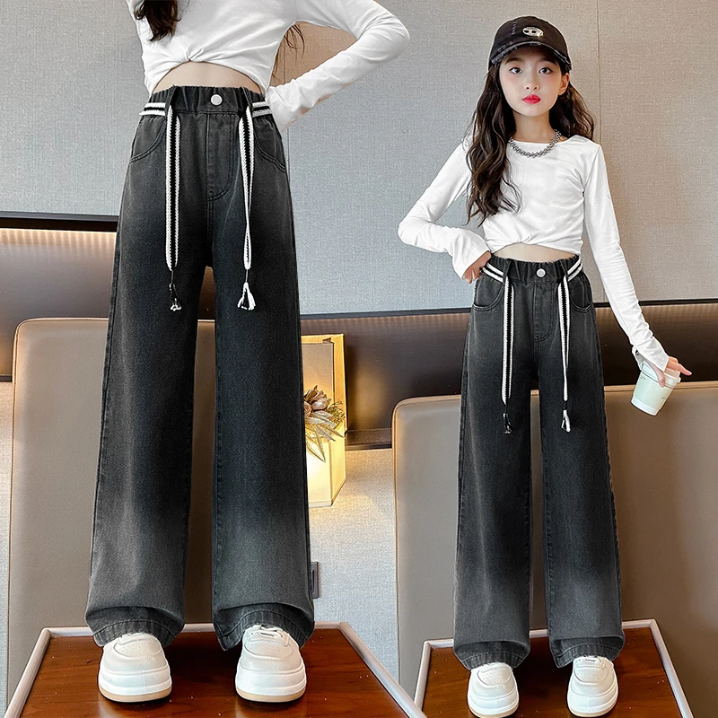 女童裤子春秋款外穿中大童春季休闲牛仔裤女孩儿童春装宽松阔腿裤