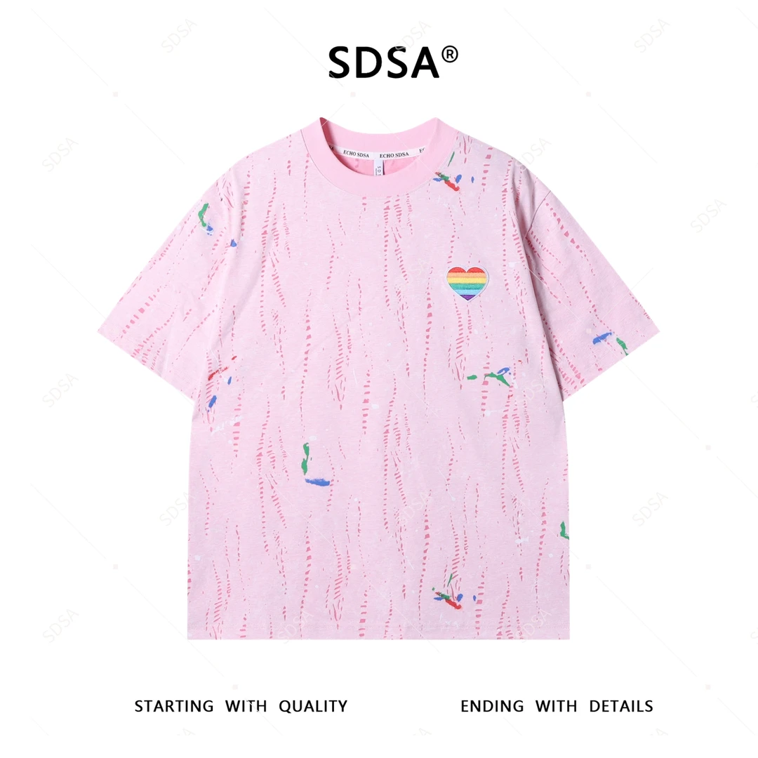 SDSA夏季新款男士痞帅潮牌割破刺绣爱心圆领短袖T恤百搭时尚上衣