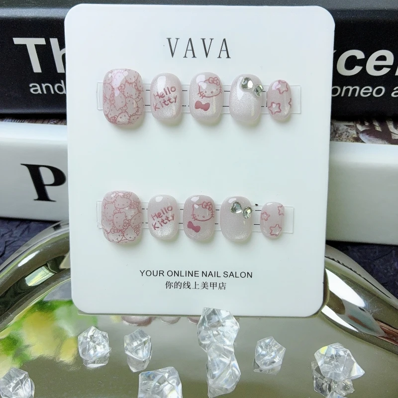 《浅粉凯蒂猫》可爱清新淡粉色凯蒂猫闪亮猫眼纯手工穿戴甲8948