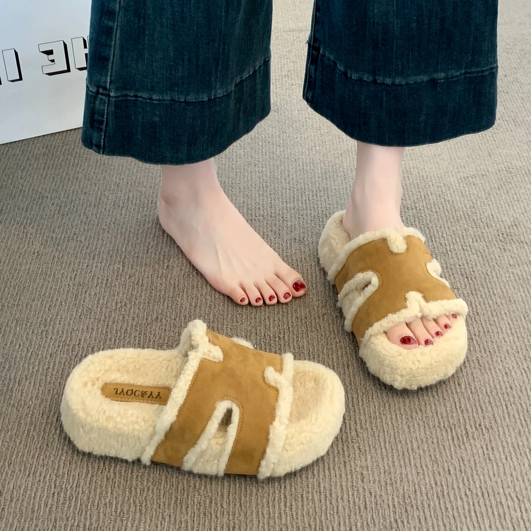 厚底毛毛拖鞋女款外穿2025新款秋冬季超火防滑加绒勃肯鞋绝美棉拖