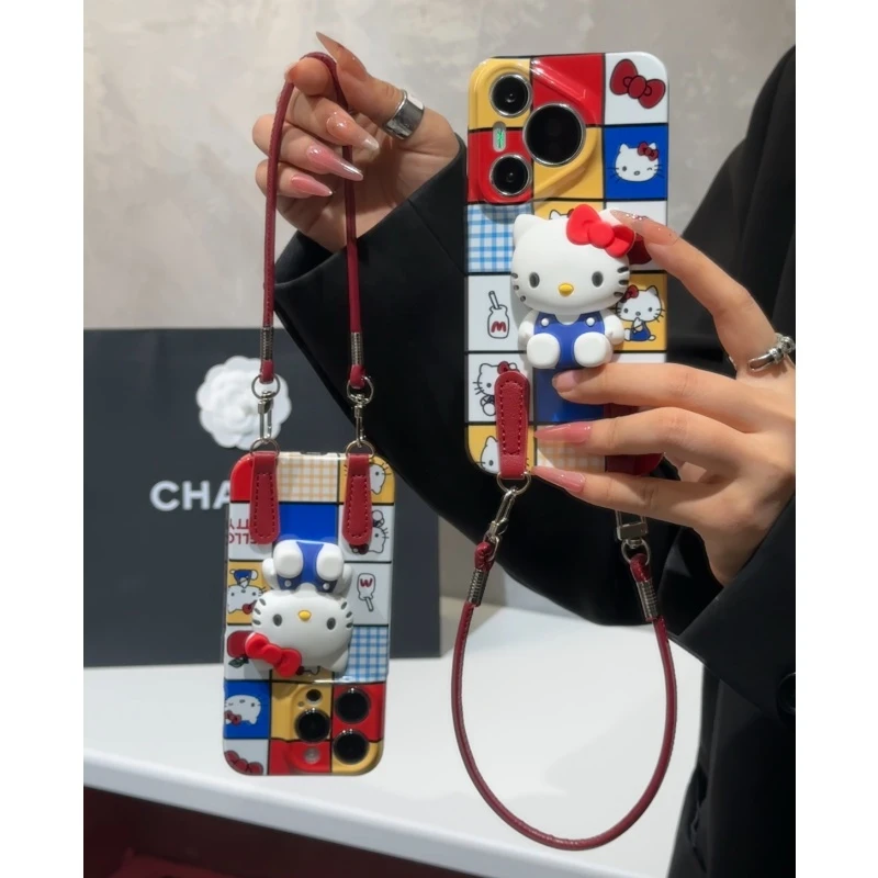 SMBLCE方格凯蒂贴件挂绳适用苹果17/16菲林手机壳华为vivoppo小米