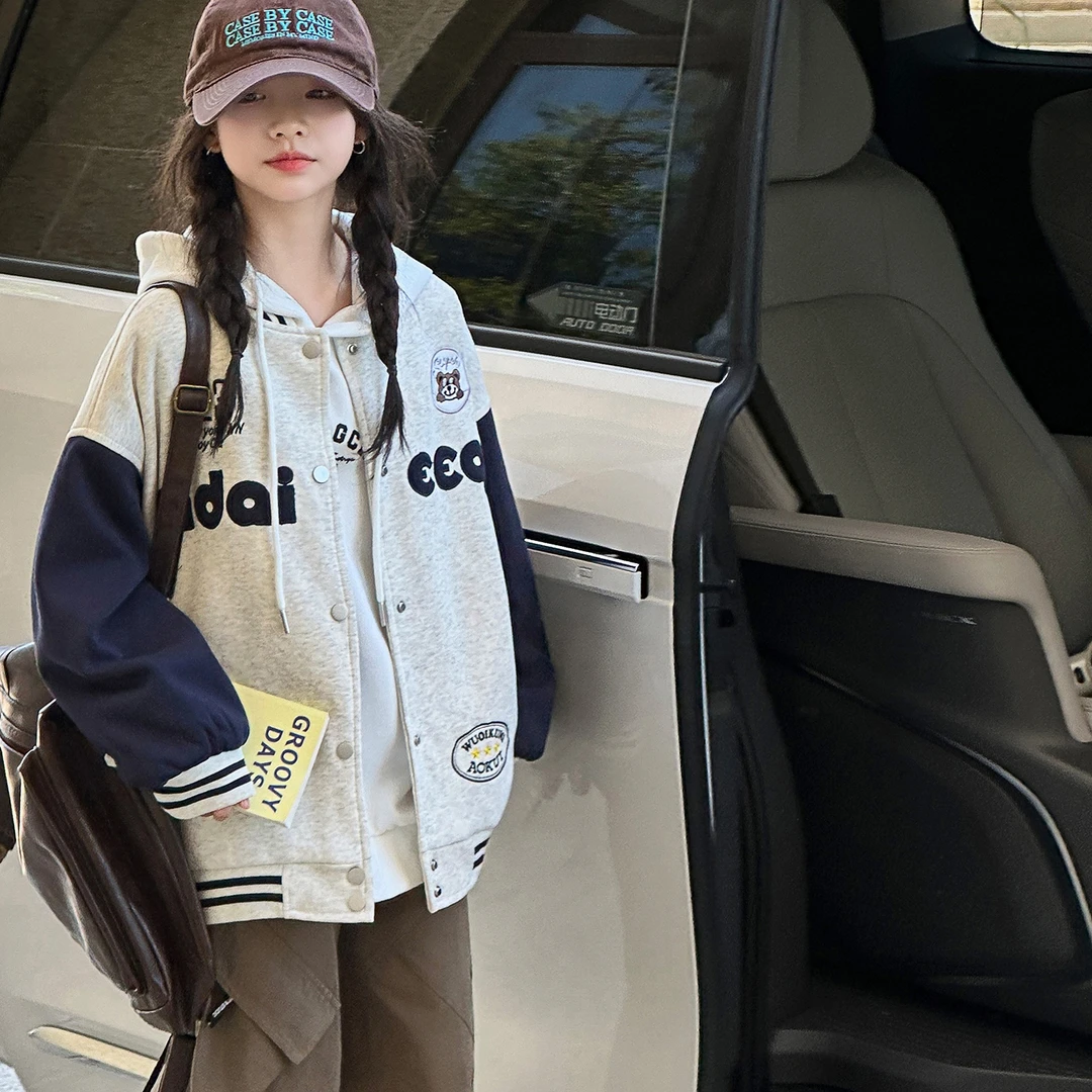 女童棒球服洋气中大童时髦连帽夹克小女孩宝宝秋装2025新款外套潮