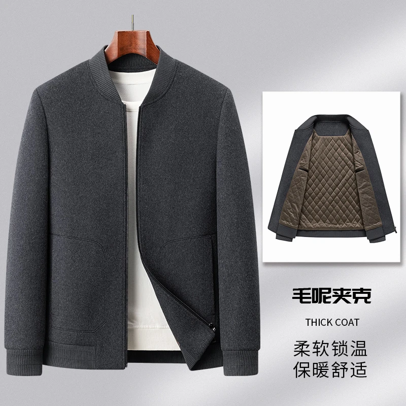 2025秋冬新款男士夹克休闲立领羊毛呢子加棉爸爸外套男上衣秋佰姿