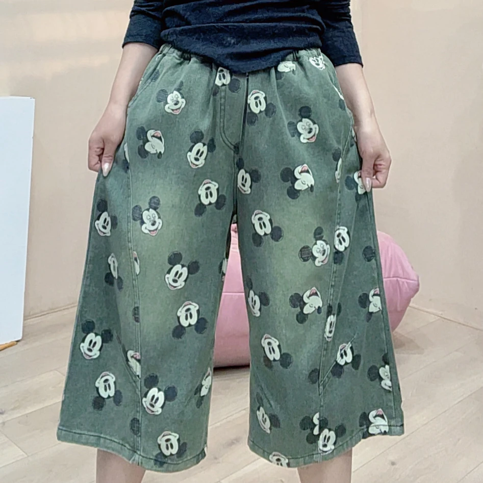 4154韩版春夏新款军绿色米奇宽松大版七分牛仔女裤