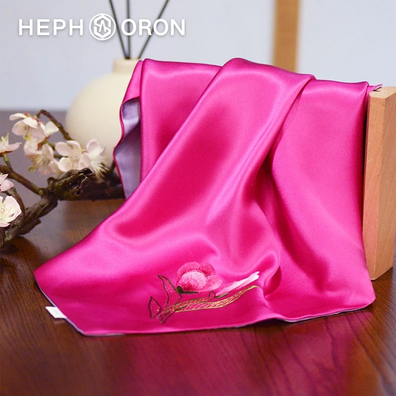 HEPHSORON苏绣丝巾礼盒送妈妈粉色刺绣百搭高级感桑蚕丝真丝方巾