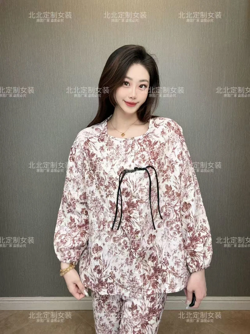 春夏季纯棉薄款睡衣印花气质显瘦女士纽扣大码宽松家居服套装1039