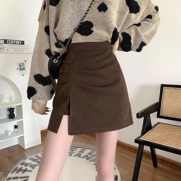大码胖mm百搭毛呢裙a字咖色开叉褶皱女2024显瘦带内衬防走光裙子