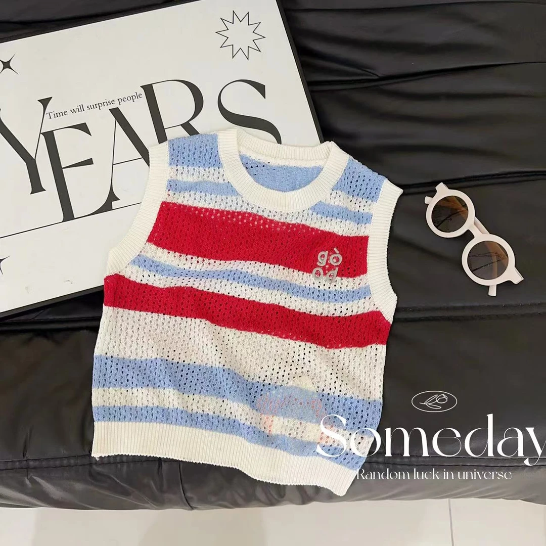 【小时光】汤圆家童装2025夏季韩系甜美彩条撞色镂空针织衫 YA-2150