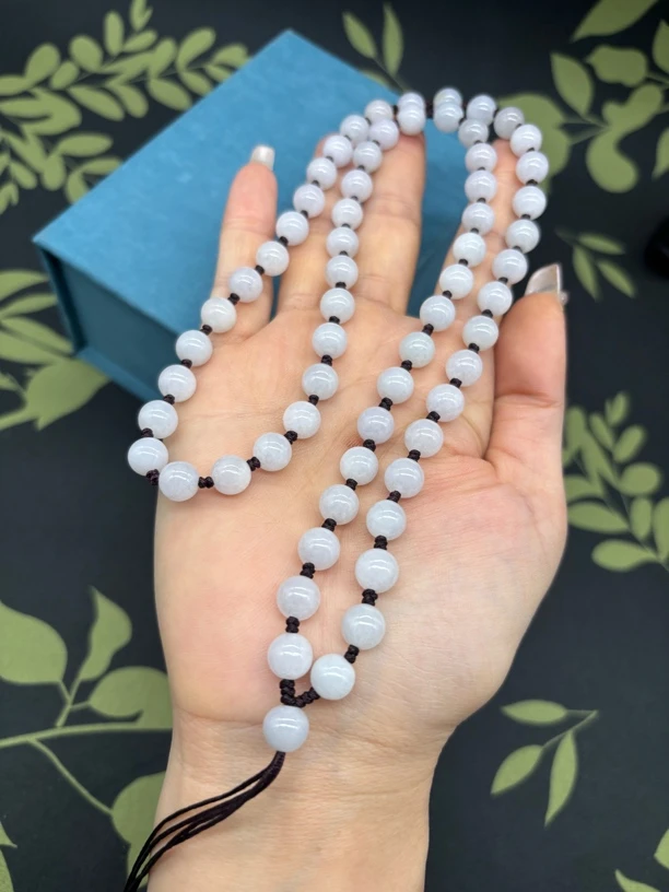 精美天然缅甸A货翡翠细糯白月光圆珠8mm玉石挂牌绳毛衣链项链百搭