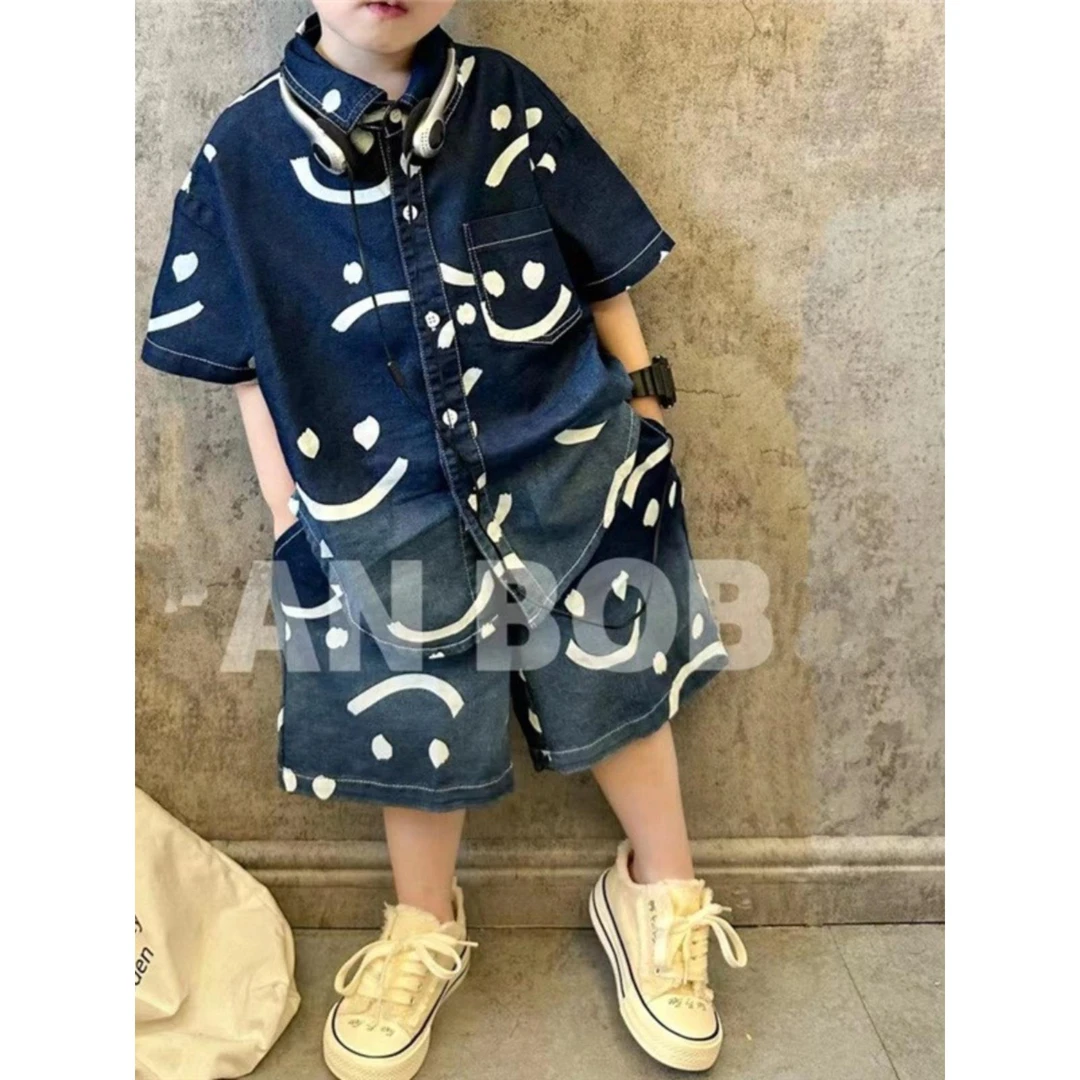 巴拉优选儿童牛仔套装夏装男小童帅气满印衬衫短裤两件套男童炸街