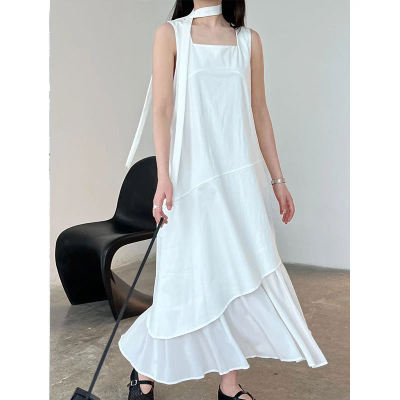 韩系时尚方领连衣裙女2025夏季新款收腰拼接不规则A字纯色长裙