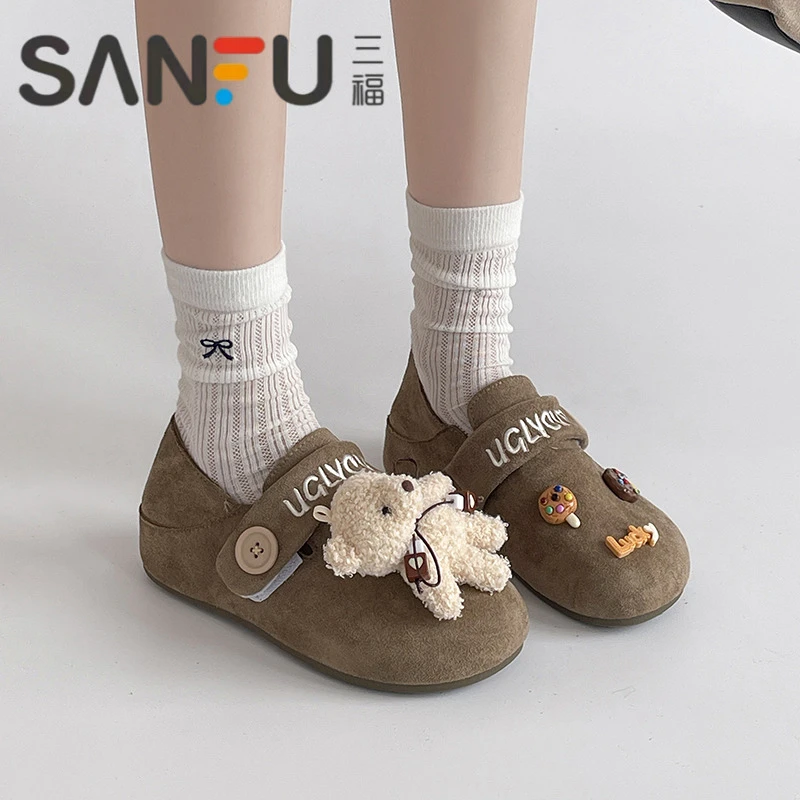 三福全包勃肯鞋女款可爱毛绒小熊软底内增高一脚蹬懒人鞋半拖女鞋