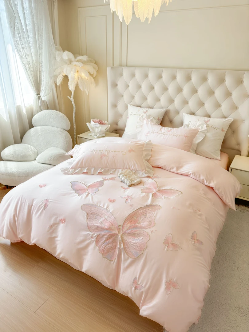 粉绣蝴蝶 全棉100%纯棉 轻奢风重工绣花款三件套四件套