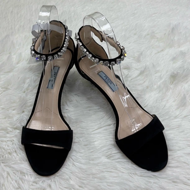 99新 Prada/普拉达 黑色水钻高跟鞋/37.5码/FZ173