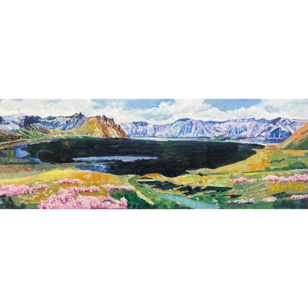 8086原创手绘油画风景《天池全景》62*172cm适用于客厅沙发背景墙