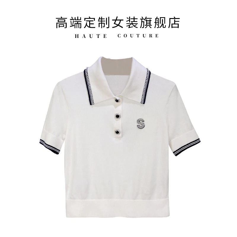 【筱翊定制】女装春季学院风小香风撞色翻领镶钻字母短款针织衫上衣