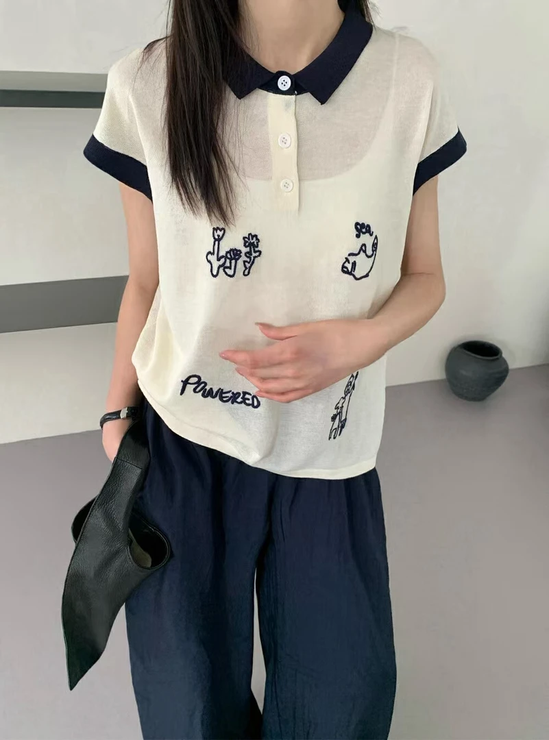 法式重工刺绣翻领冰丝针织短袖T恤女夏季2025新款修身polo衫上衣