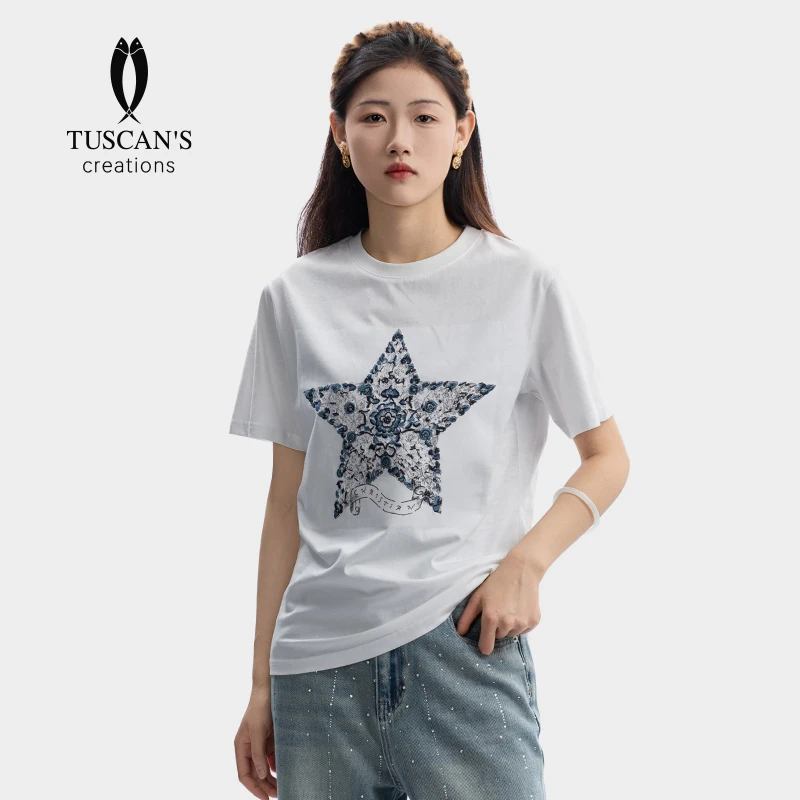 TUSCAN'S CREATIONS夏季休闲纯棉印花圆领女士T恤时尚百搭