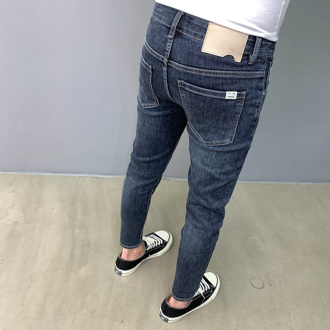 男士潮流修身牛仔长裤子做旧百搭蓝色夏季薄款韩版水洗小脚九分裤