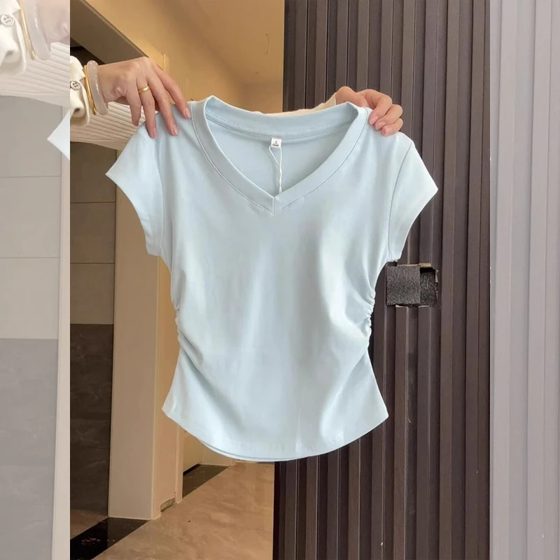纯色百搭气质2025夏季基础款v领通勤休闲短袖t恤抽褶设计收腰上衣