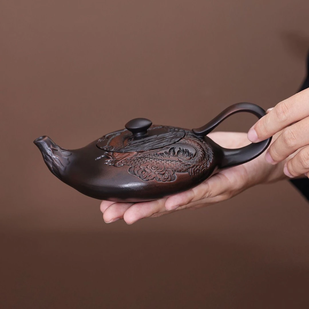 云南紫陶手工浮雕腾龙飘逸壶复古中式风陶瓷茶壶功夫茶具办公会客