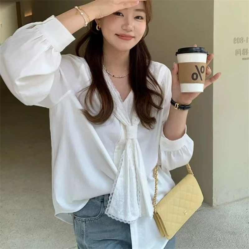 胖颖专属大码春季新款法式蕾丝花边海军领衬衫设计感小众衬衣1691