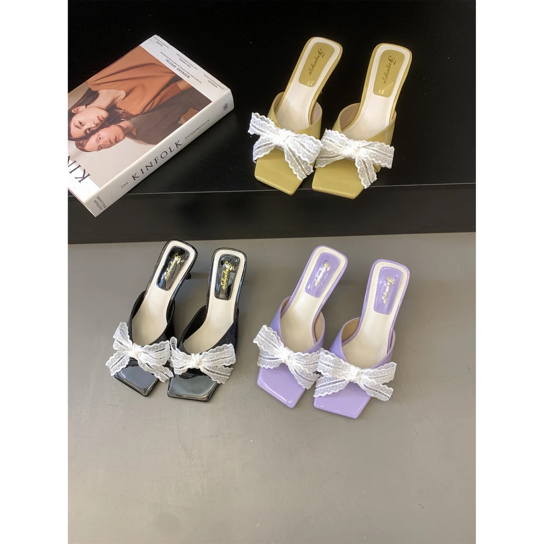 FGYZ-F8-2时尚蝴蝶结薄款高跟夏季甜美一字拖凉拖鞋粗跟细跟网红