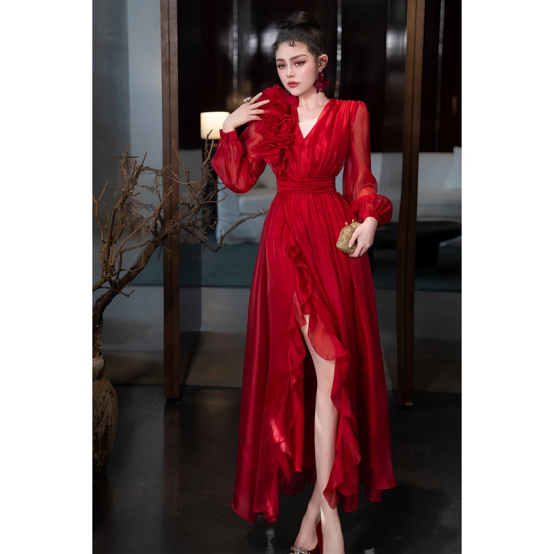 ZEROYK法式复古荷叶边长裙春季名媛气质仙气轻奢红色敬酒服连衣裙
