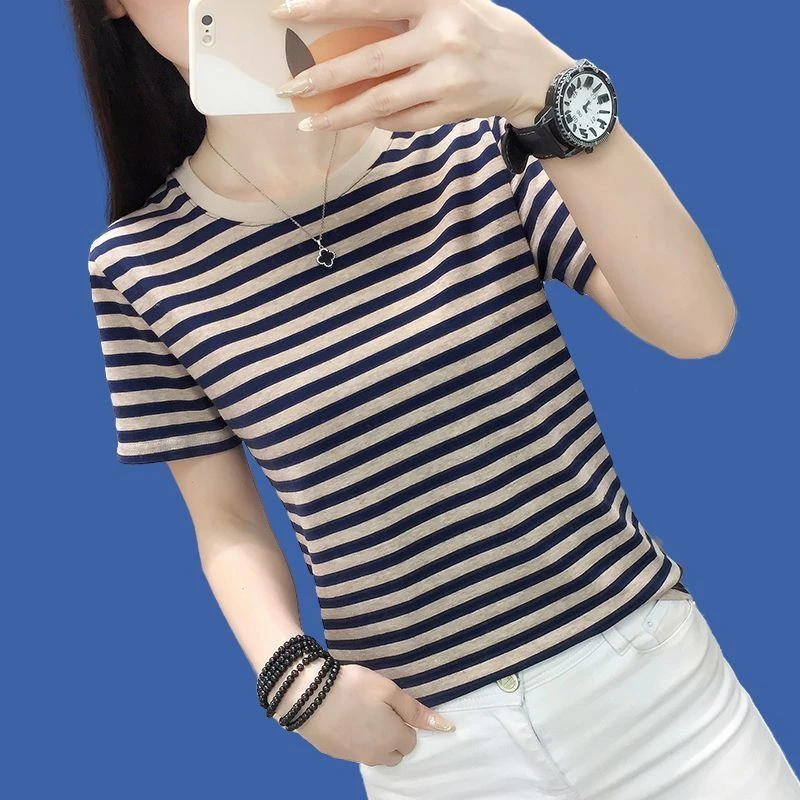 【店铺热销】含棉短袖T恤女士新款夏季妈妈装宽松条纹半袖洋气大码