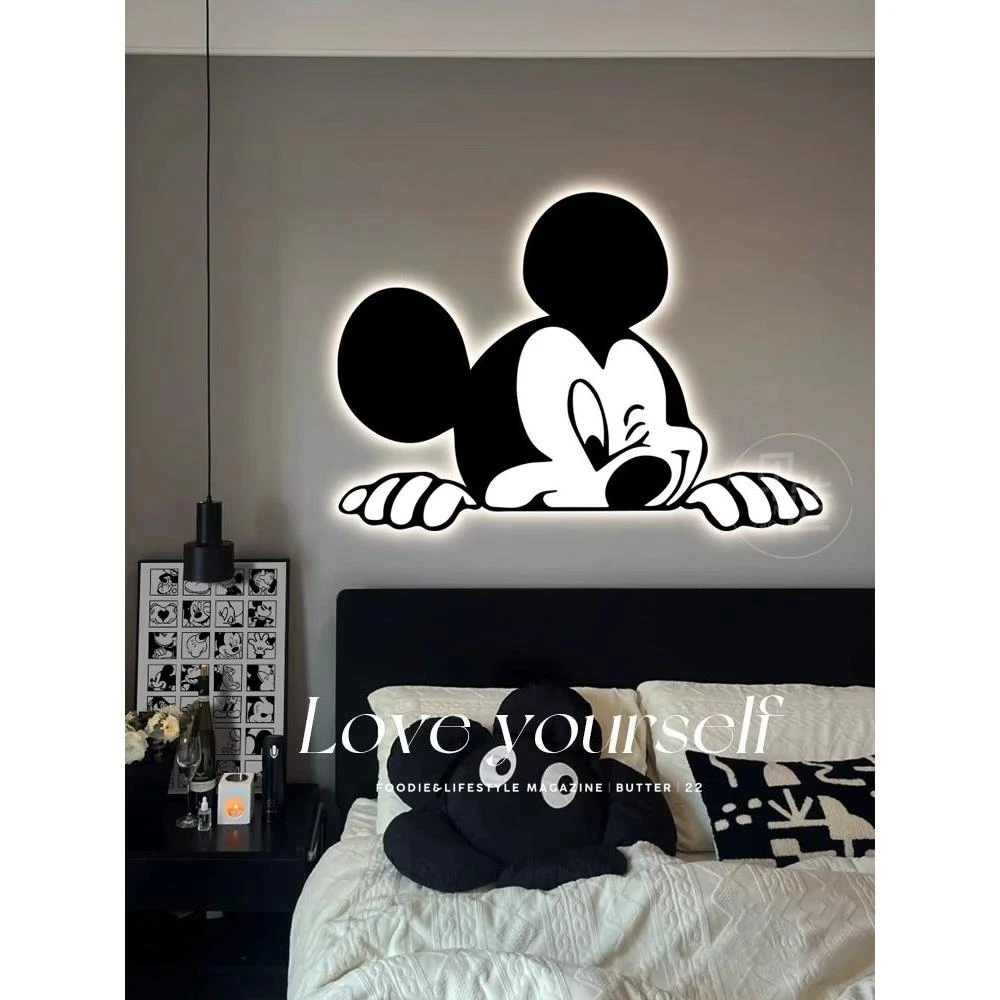 黑白米奇led氛围感灯光画ins风卧室装饰画客厅壁灯挂画发光床头画