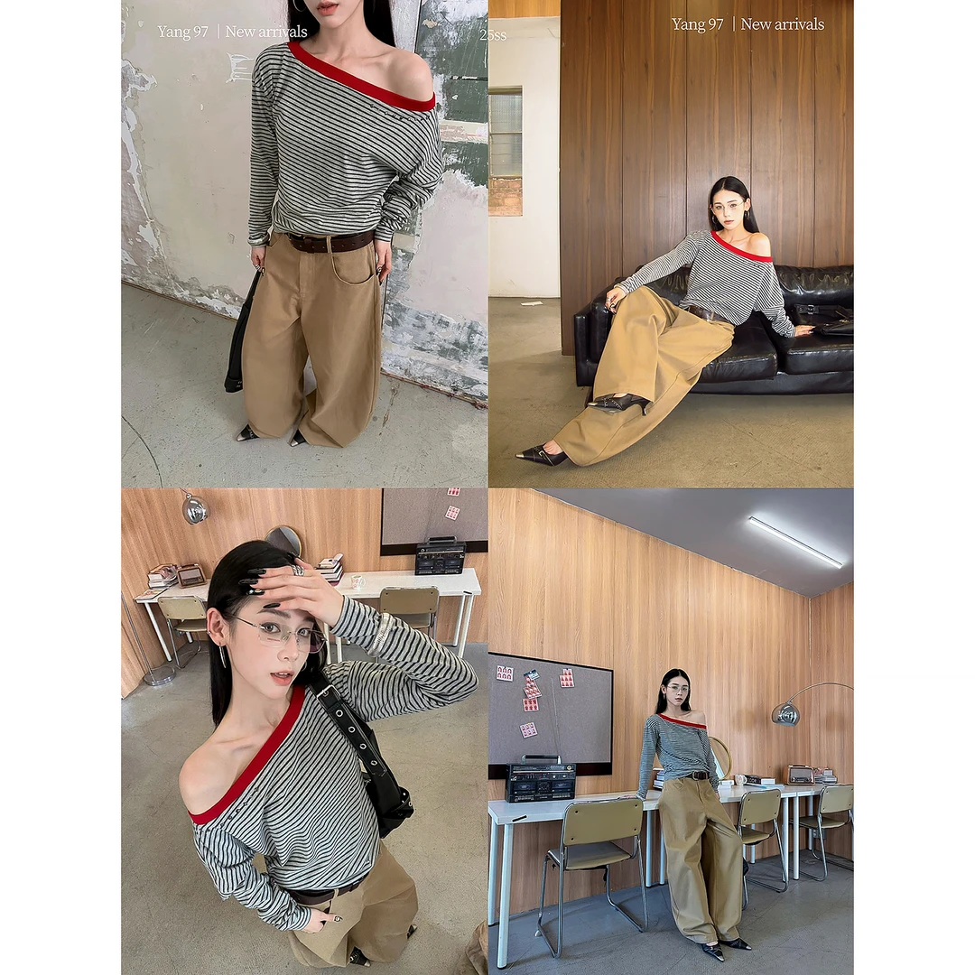 NEW8.24 杨九七撞色条纹拼接斜肩长袖T恤女早秋美式套头上衣70037