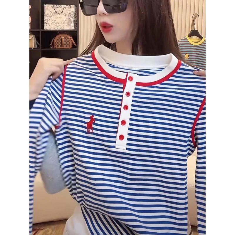 撞色条纹修身显瘦圆领T恤女2025春季新款时髦减龄设计感百搭上衣