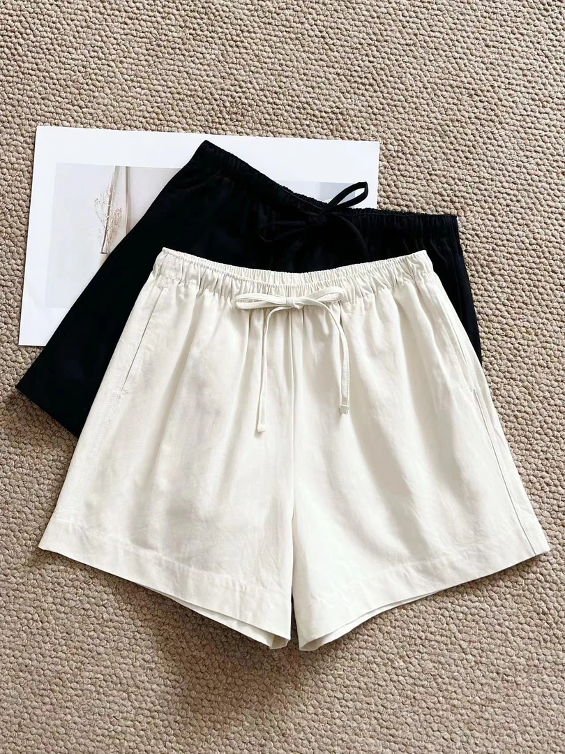 纯棉夏季时尚短裤显瘦阔腿裤宽松通勤休闲裤透气高腰松紧