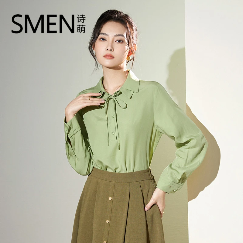 【专柜品质】秋季新款时尚百搭长袖上衣绿色设计感衬衫气质宽松衬衣