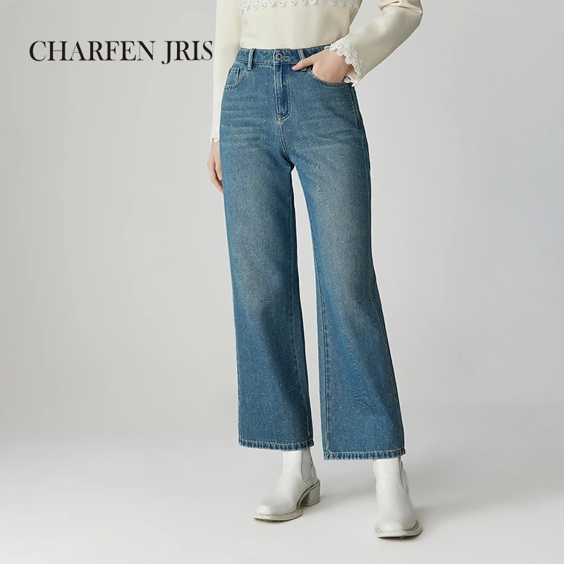 【达人】CHARFEN朝峰新款时尚高腰烫钻满天星牛仔裤FJF1A660-6108P