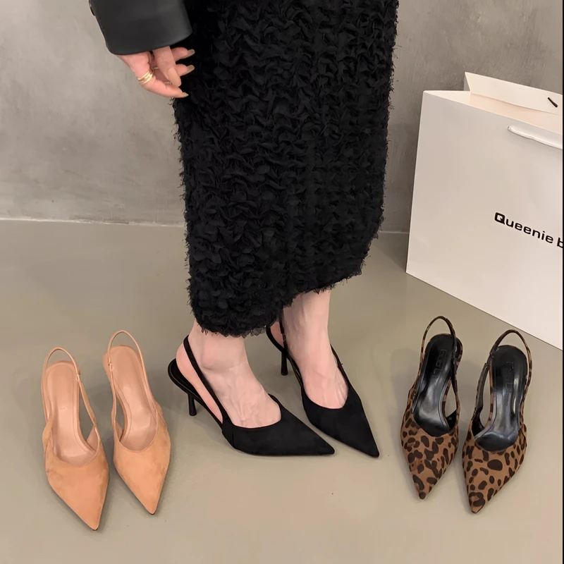 法式豹纹高跟鞋包头凉鞋仙女鞋2025新款春夏季绒面后绊带尖头单鞋