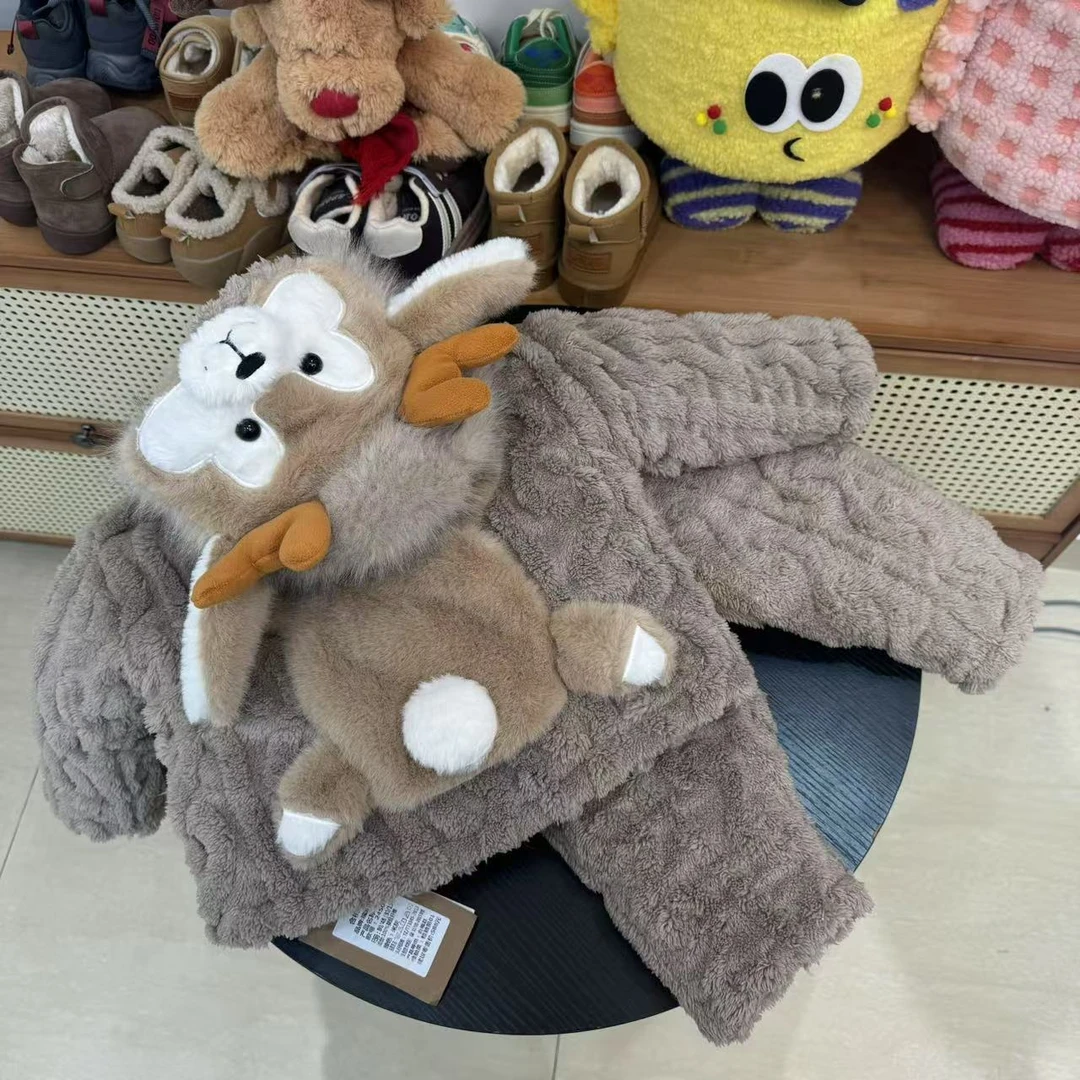 鹿角小鹿口袋儿童睡衣套装法兰绒宝宝加绒加厚套家居服 H644