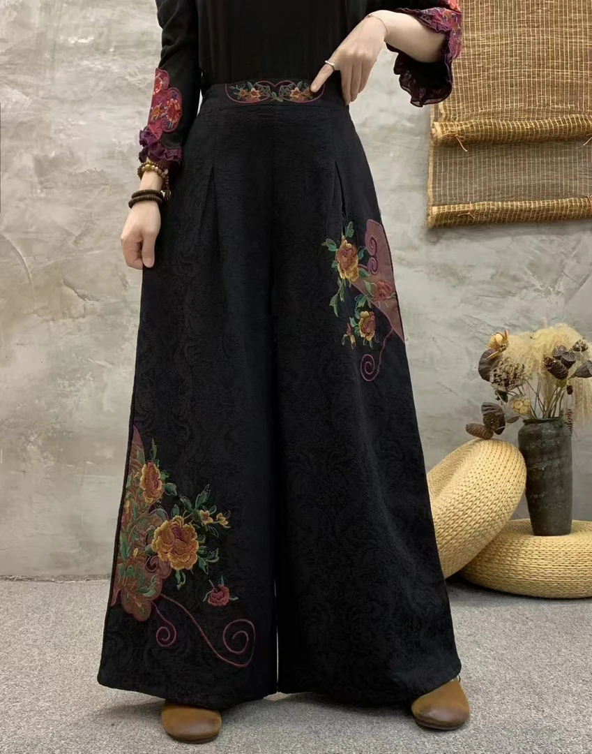 民族风高端复古绣花高腰棉麻提花宽松阔腿裤